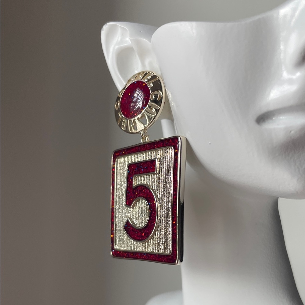 Cc 5 Gold-Tone Red Number 5 Drop Earrings - Picture 5 of 8